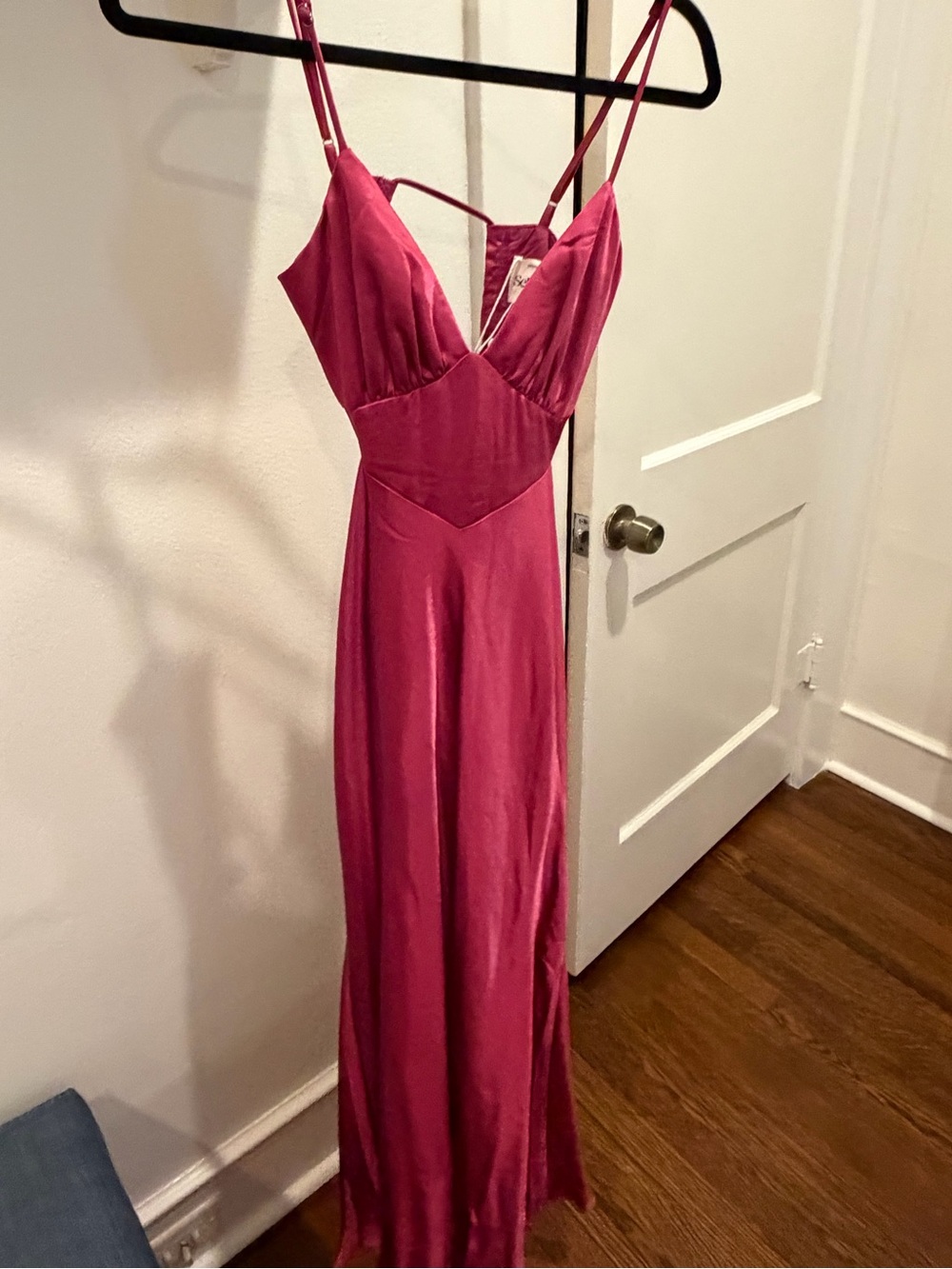 Selfie Leslie Magenta Satin Maxi Slip Dress with Spaghetti Straps